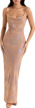 HOUSE OF CB Gabrielle Metallic Cowl Neck Satin Dress