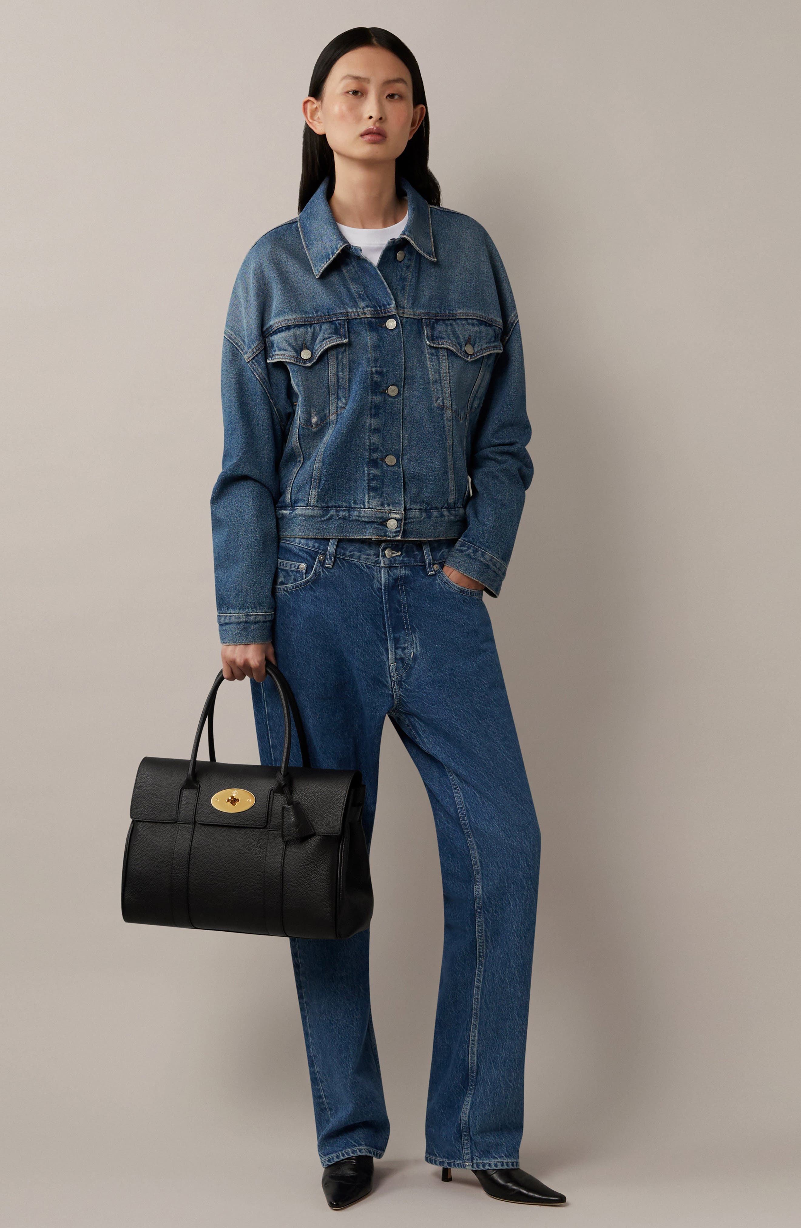 Mulberry Bayswater Grained Leather Satchel, Alternate, color, Black/ Brass