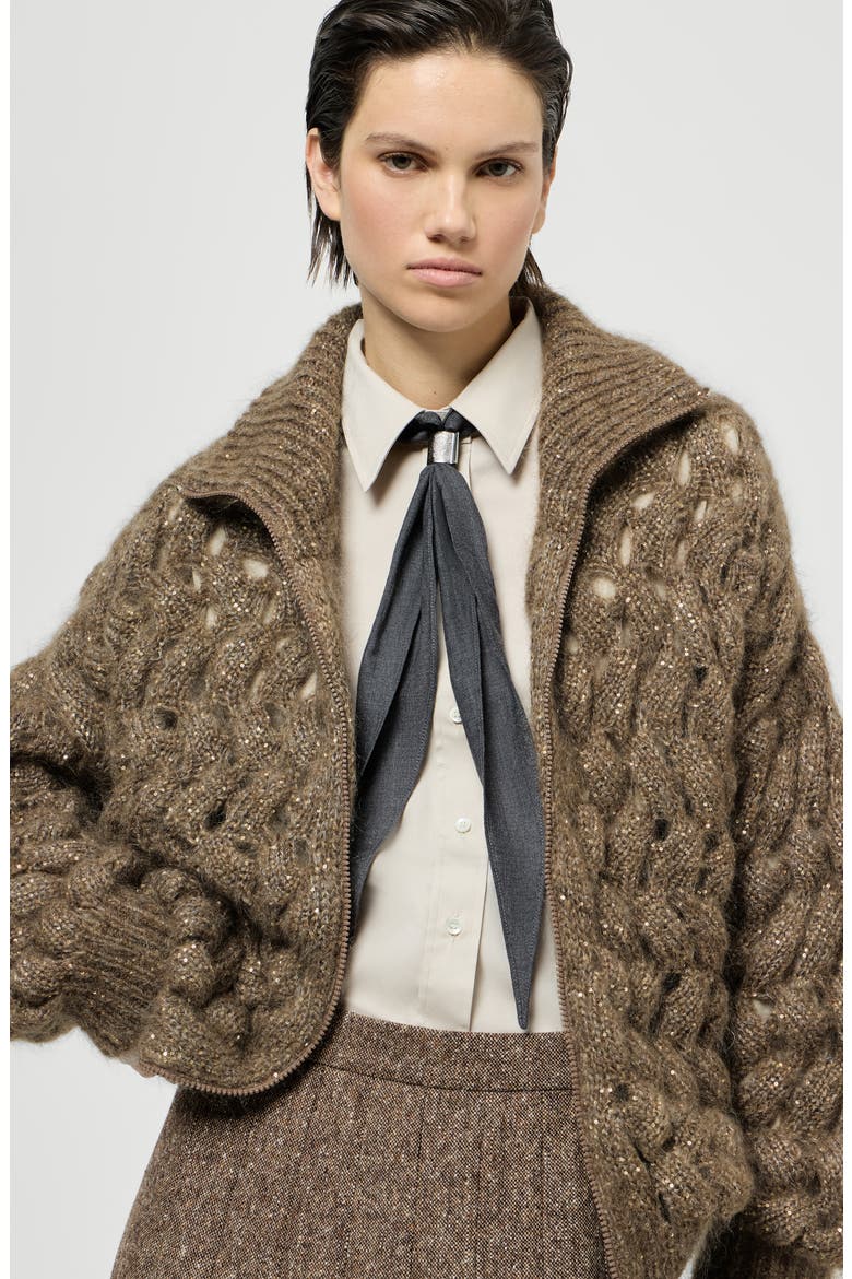 Dazzling zigzag cables cardigan in mohair and wool, Alternate, color, Bark
