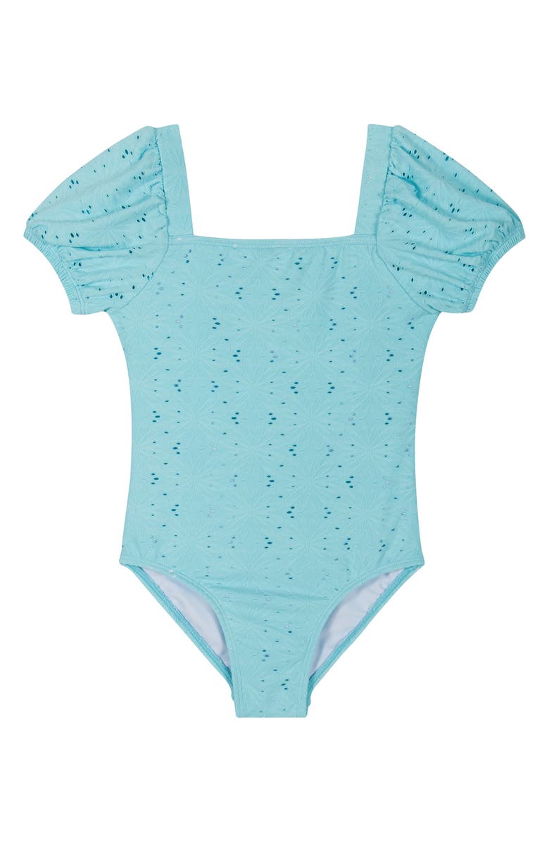 Andy & Evan Kids' Embroidered Puff Sleeve One-PIece Swimsuit, Main, color, Blue Floral