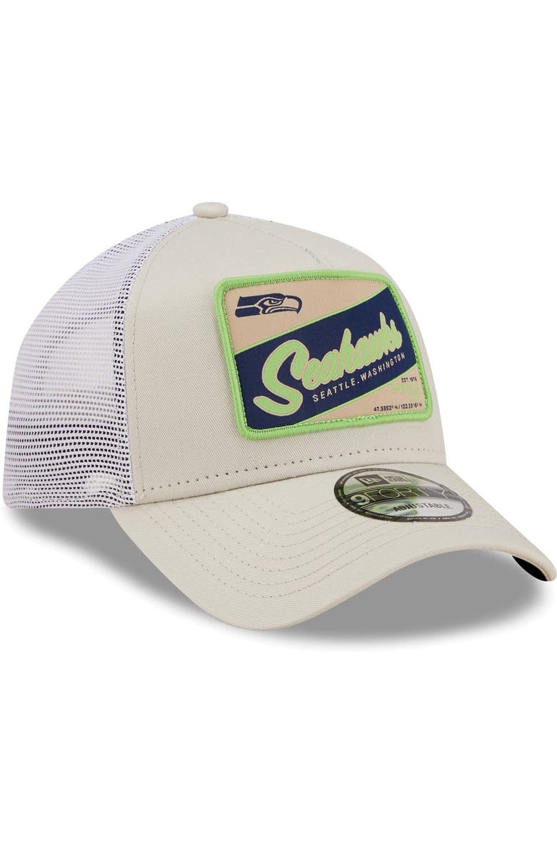 New Era Men's New Era Khaki/White Seattle Seahawks Happy Camper A-Frame Trucker 9FORTY Snapback Hat, Alternate, color, 