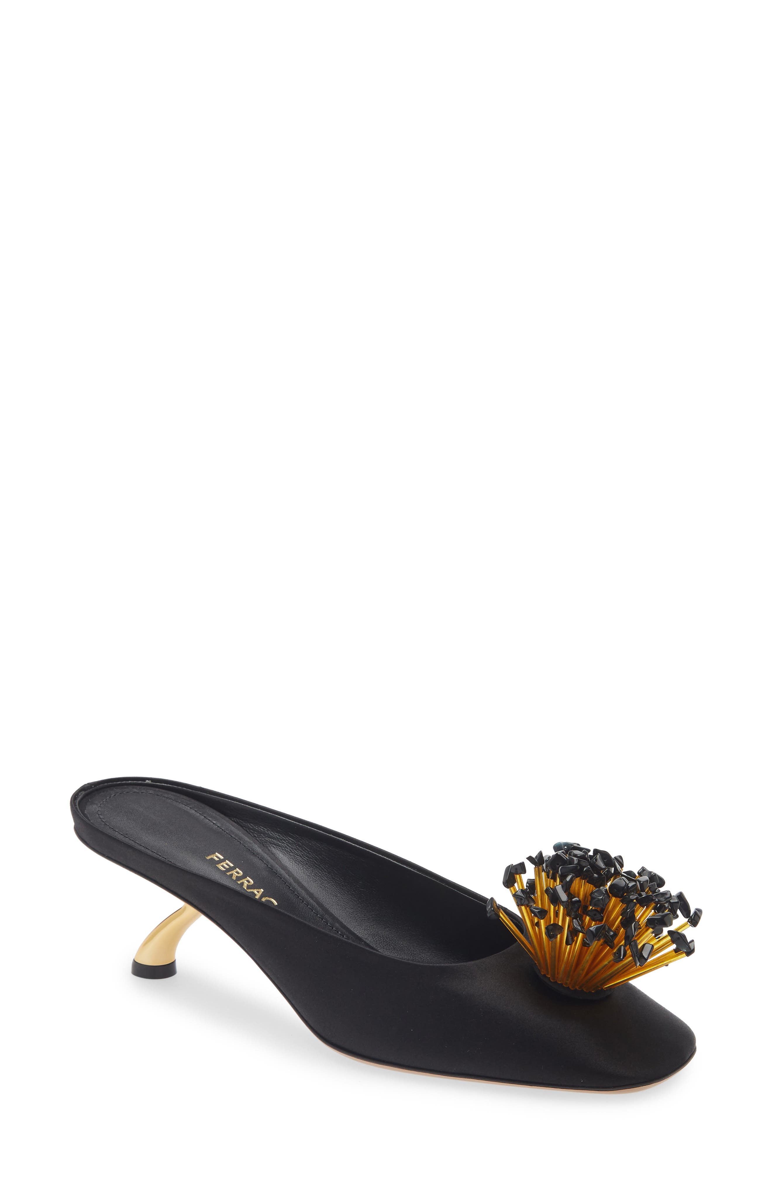 FERRAGAMO Safi Beaded Kitten Heel Mule, Main, color, Black