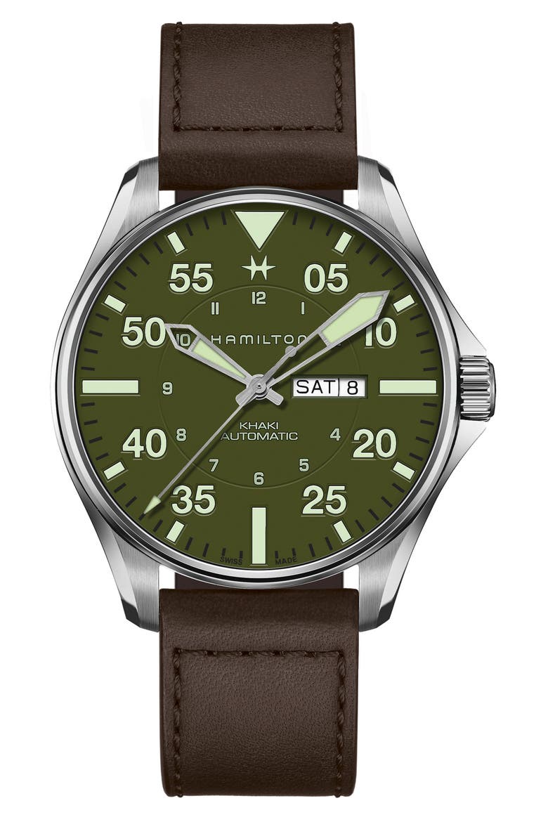 Khaki Aviation Pilot Schott Automatic Leather Strap Watch, 46mm, Main, color, BROWN/ GREEN/ SILVER