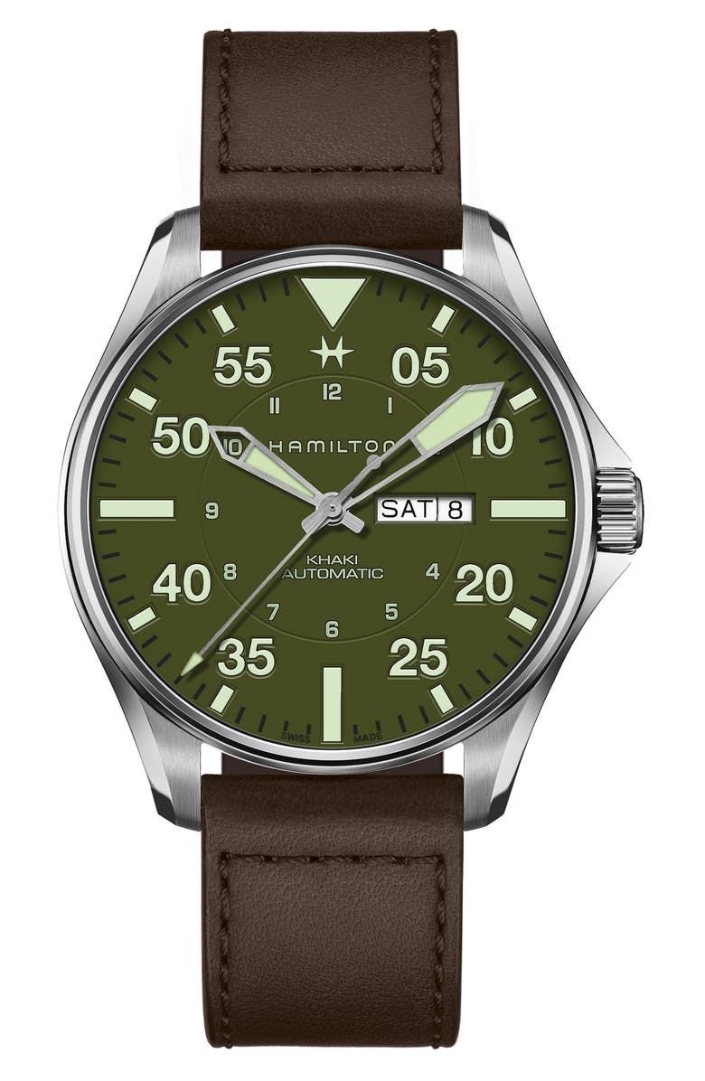 Hamilton Khaki Aviation Pilot Schott Automatic Leather Strap Watch, 46mm, Main, color, 