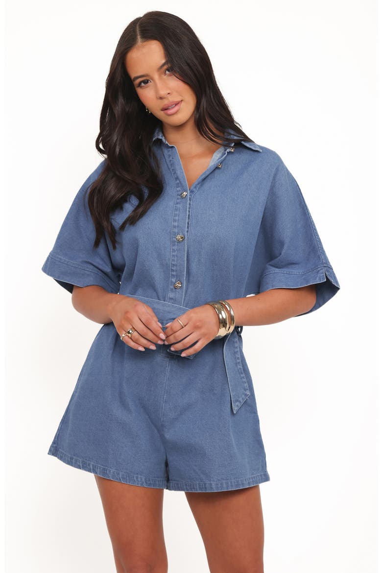 Hailey Belted Cotton Denim Romper, Alternate, color, INDIGO