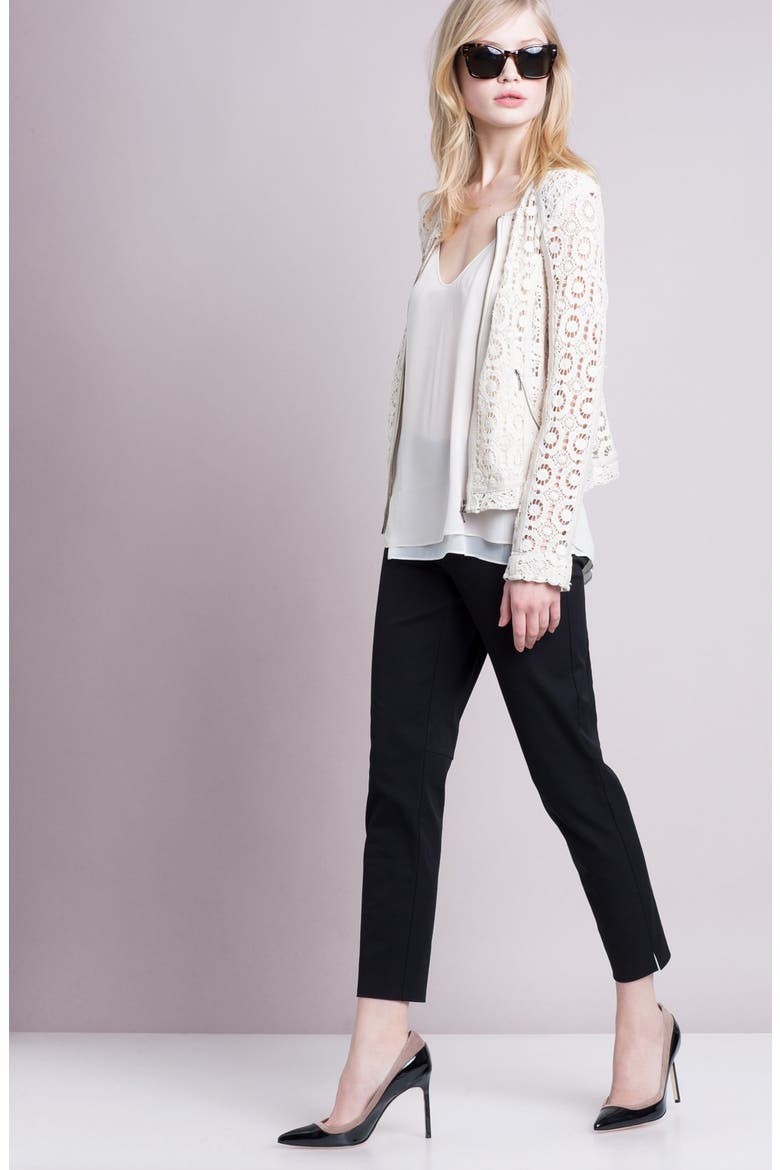 Faux Leather Trim Crocheted Jacket, Alternate, color, SAND SHELL