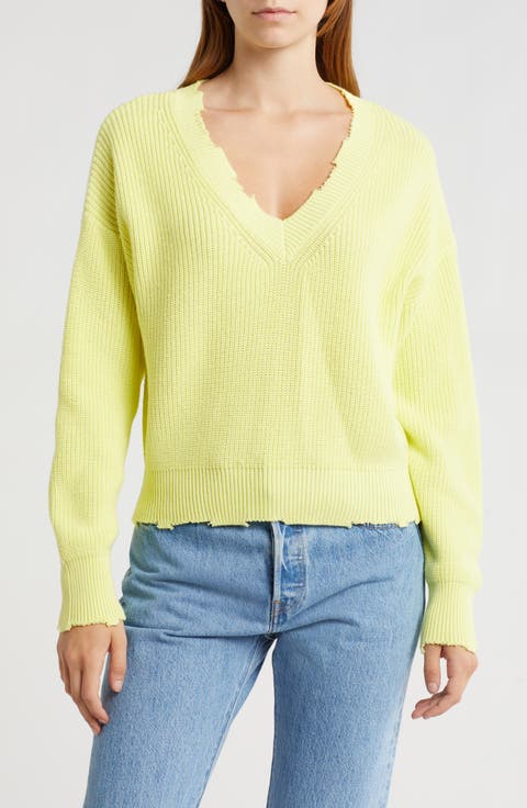 Distressed V-Neck Cotton Sweater