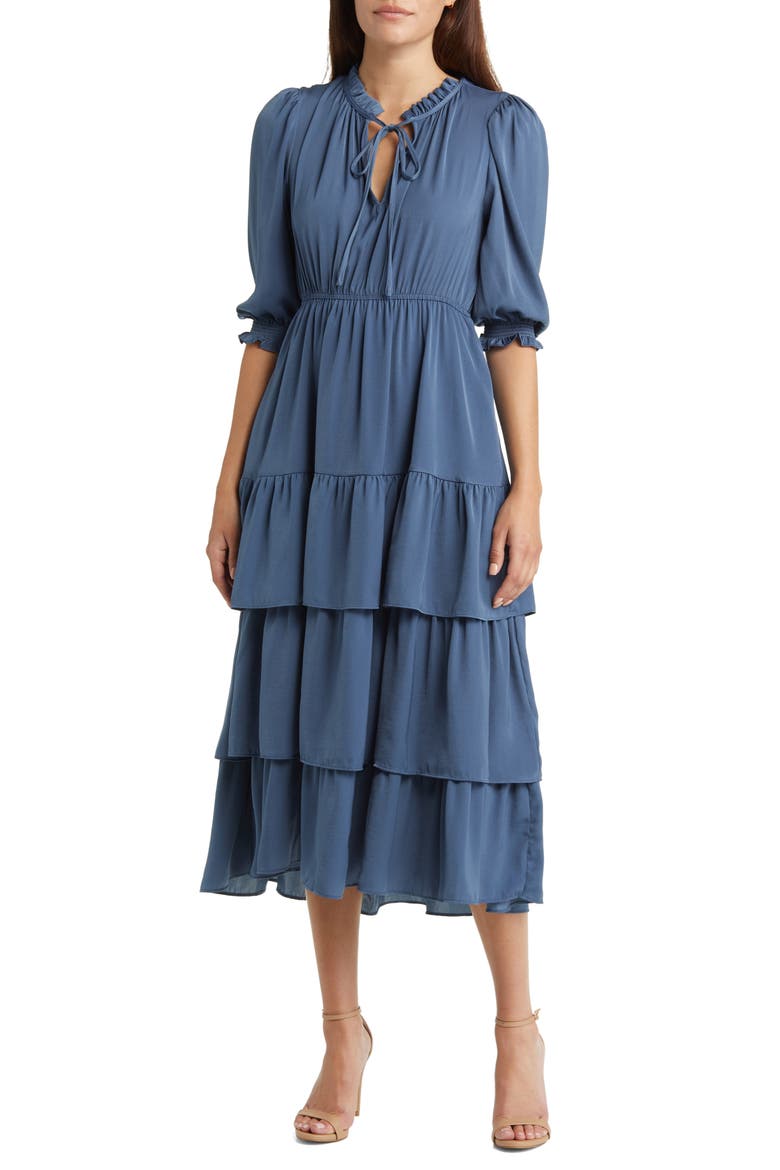 Ruffle Tiered Satin Midi Dress, Main, color, SAGE LEAF