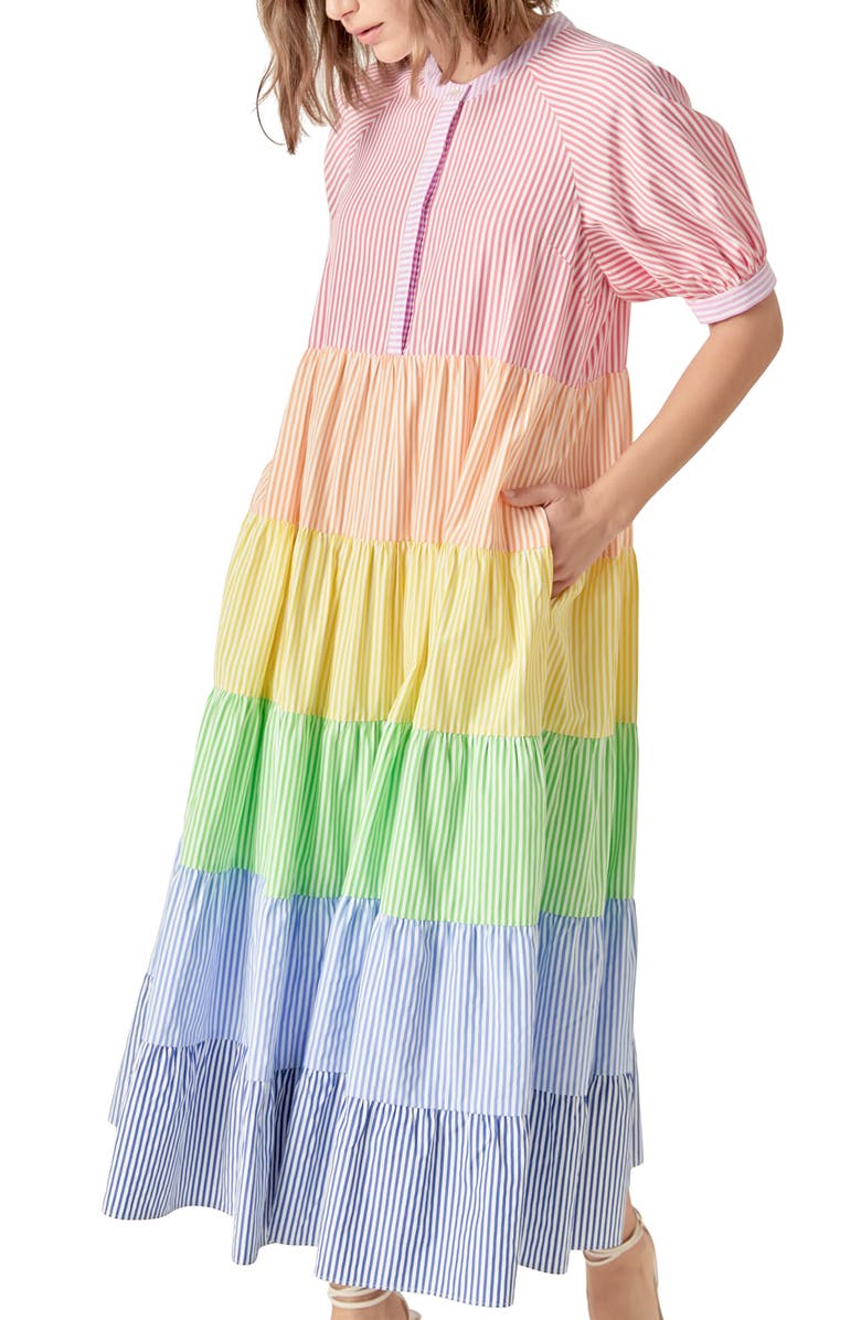 English Factory Stripe Colorblock Tiered Cotton Blend Dress, Alternate, color, Multi