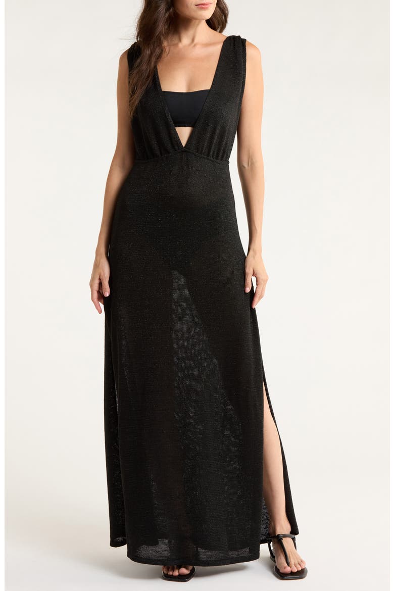 Plunge Neck Maxi Cover-Up Sweater Dress, Main, color, BLACK