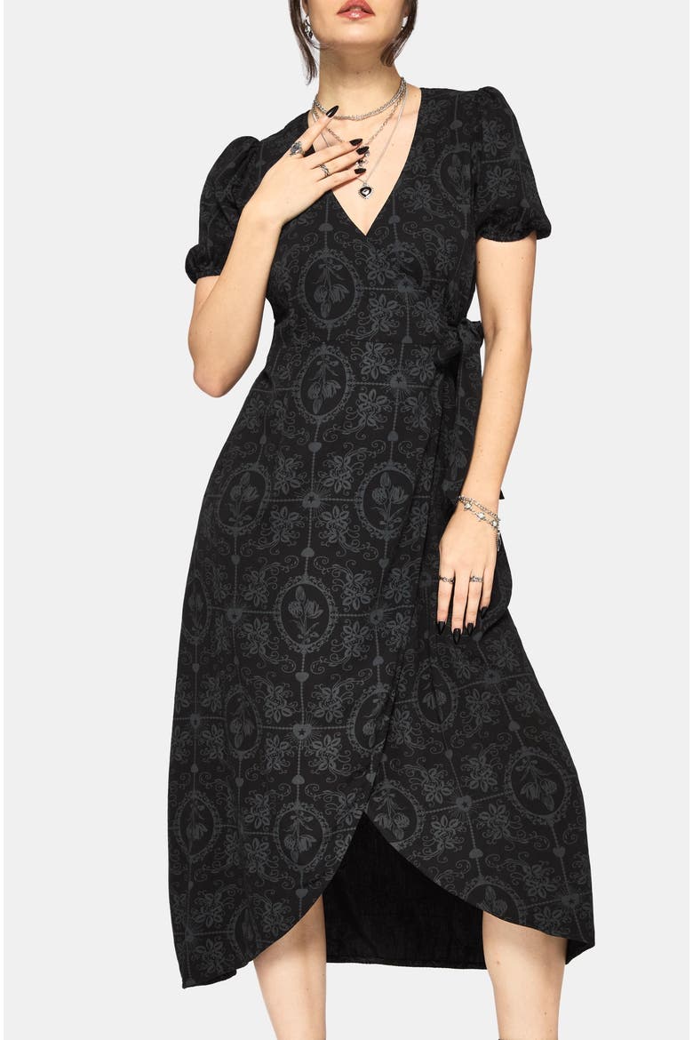 Cameo Floral Printed Wrap Dress, Alternate, color, Black
