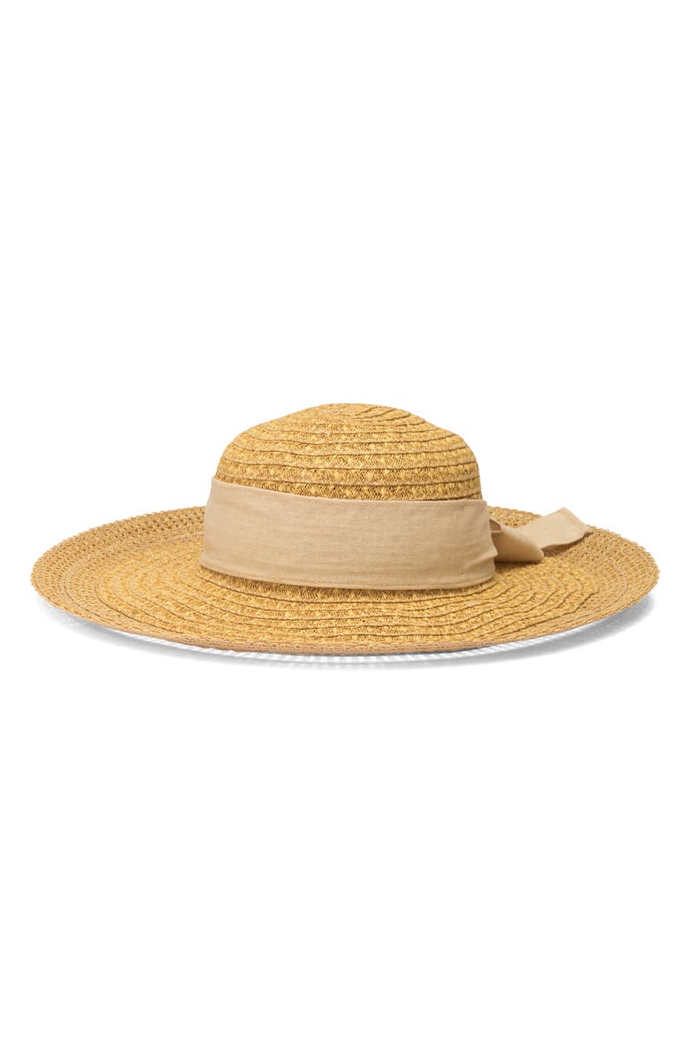 Nine West Lace Edge Bow Straw Floppy Hat, Main, color, Heather Tan