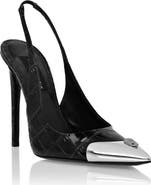 PHILIPP PLEIN Crocco Slingback High Heels Shoes Skull Strass Women