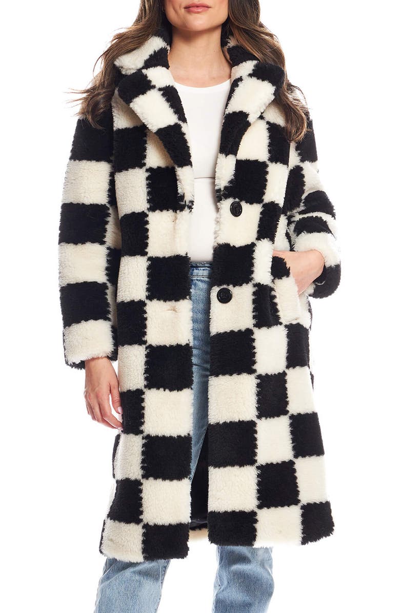 DONNA SALYERS FABULOUS FURS Checkmate High Pile Fleece Longline Coat, Main, color, Multi