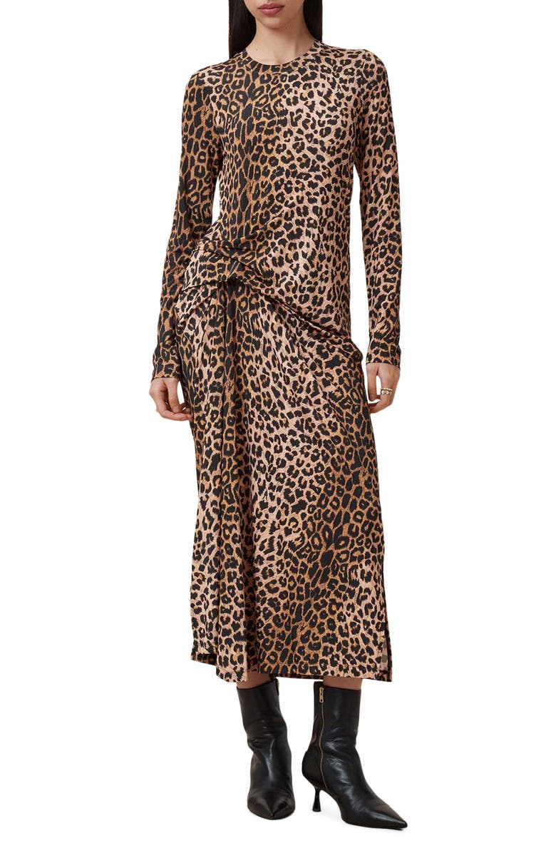 AllSaints Rivi Leopard Print Long Sleeve Midi Dress, Main, color,