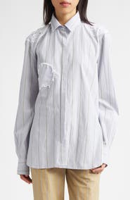 KÚR Doily Detail Stripe Cotton Button-Up Shirt