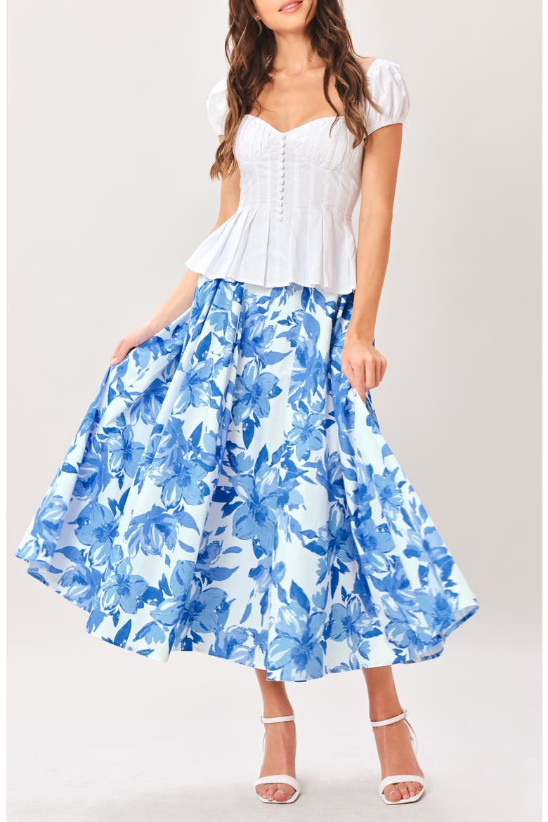 Floral Print Pleated Cotton Twill Midi Skirt, Alternate, color, OFF WHITE BLUE