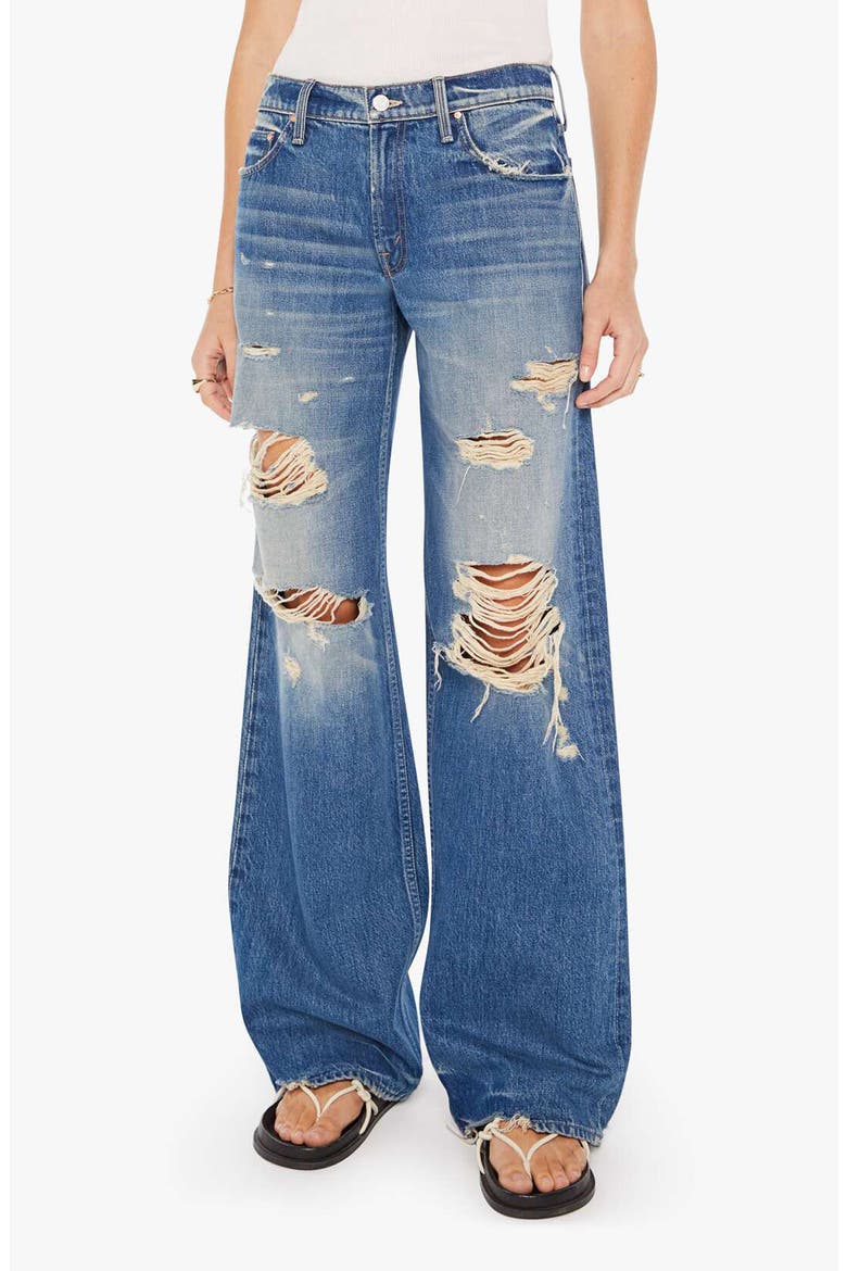 The Down Low Spinner Heel Ripped Low Rise Wide Leg Jeans, Main, color, BDE