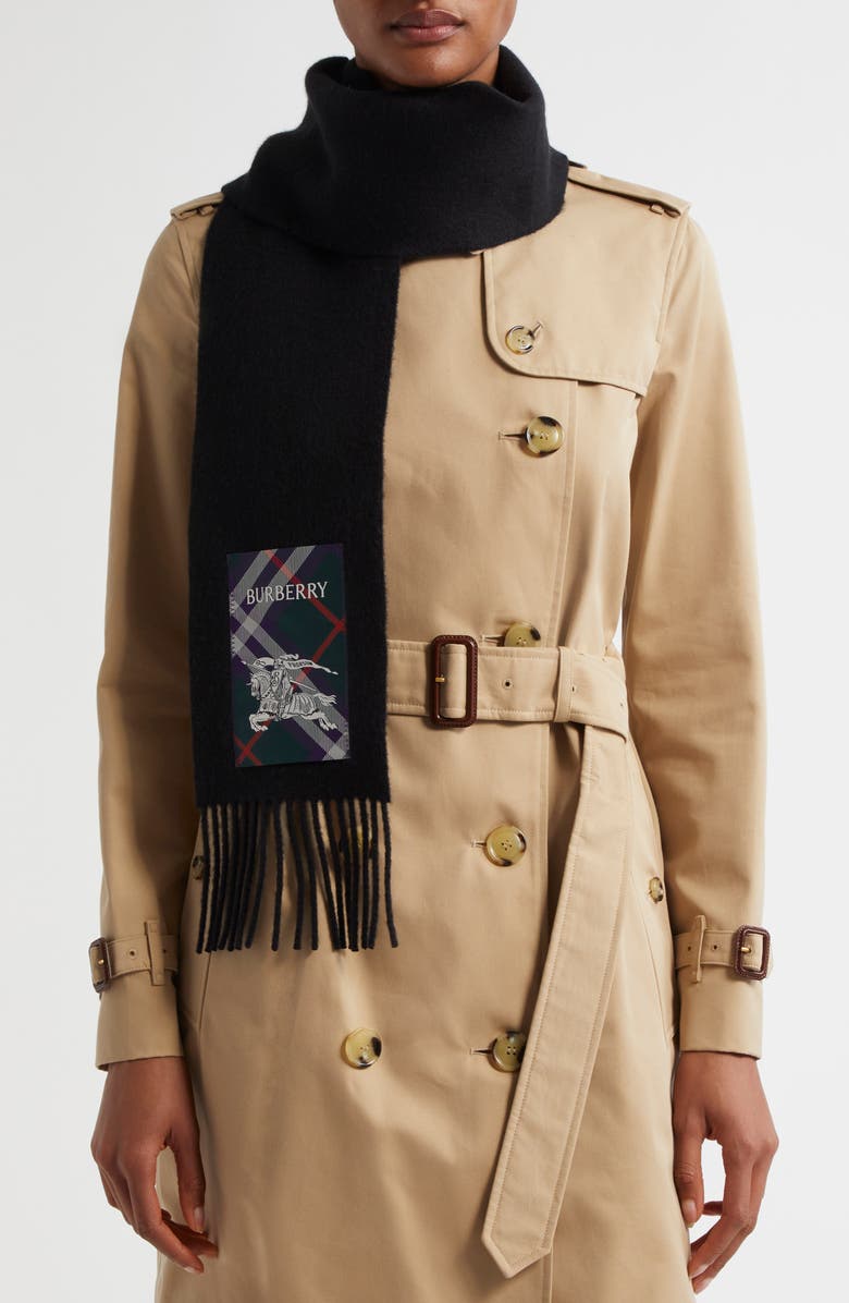 Burberry Equestrian Knight Detail Cashmere Fringe Scarf, Alternate, color, Black