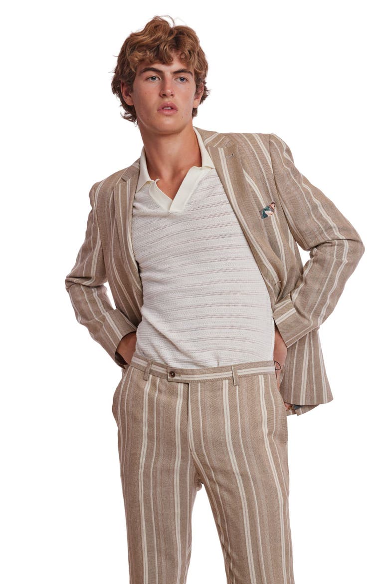 Downing Slim Flat Front Stripe Linen Blend Dress Pants, Alternate, color, TAN BEIGE STRIPES