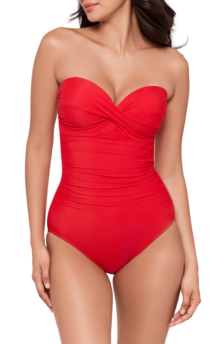 Miraclesuit<sup>®</sup> Rock Solid Madrid Bandeau One-Piece Swimsuit, Main, color, Poppy