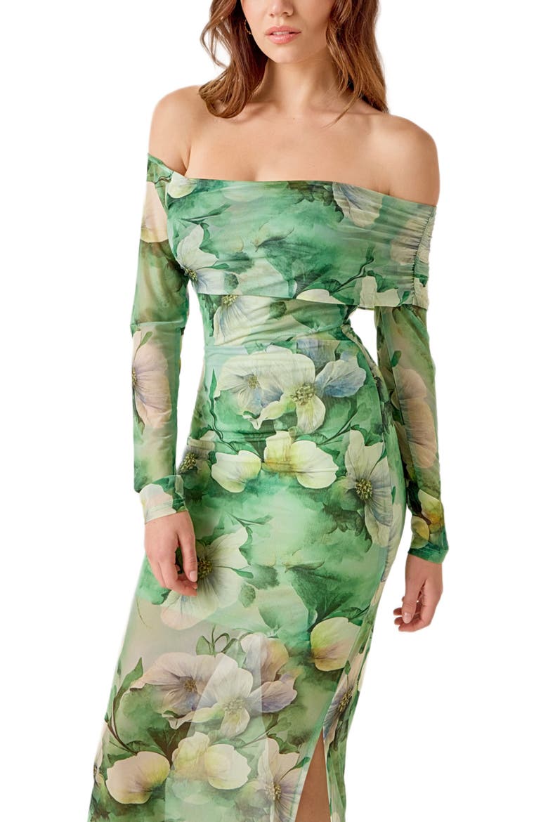 Long Sleeve Floral Mesh Off the Shoulder Maxi Dress, Alternate, color, GREEN MULTI
