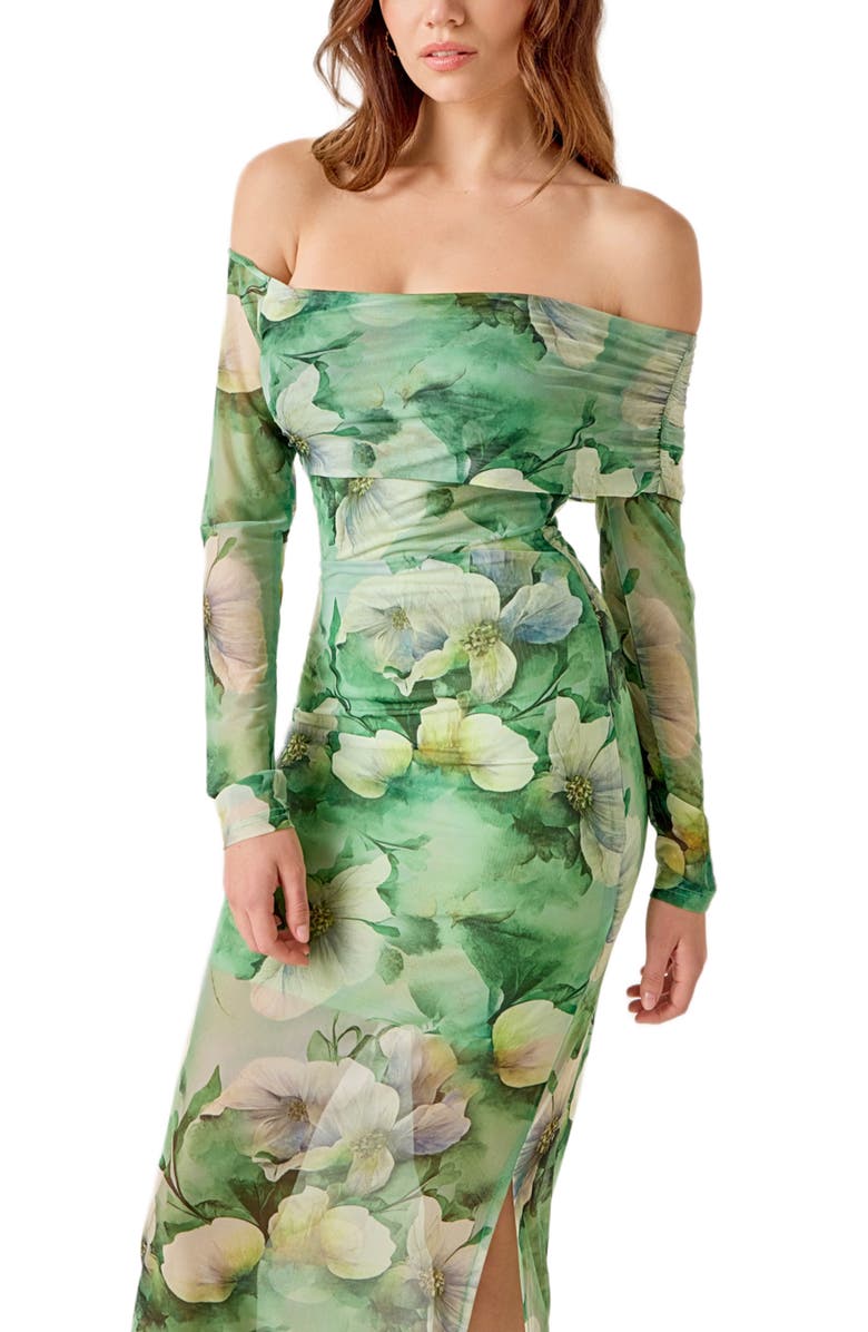 MARSY Long Sleeve Floral Mesh Off the Shoulder Maxi Dress, Alternate, color, Green Multi