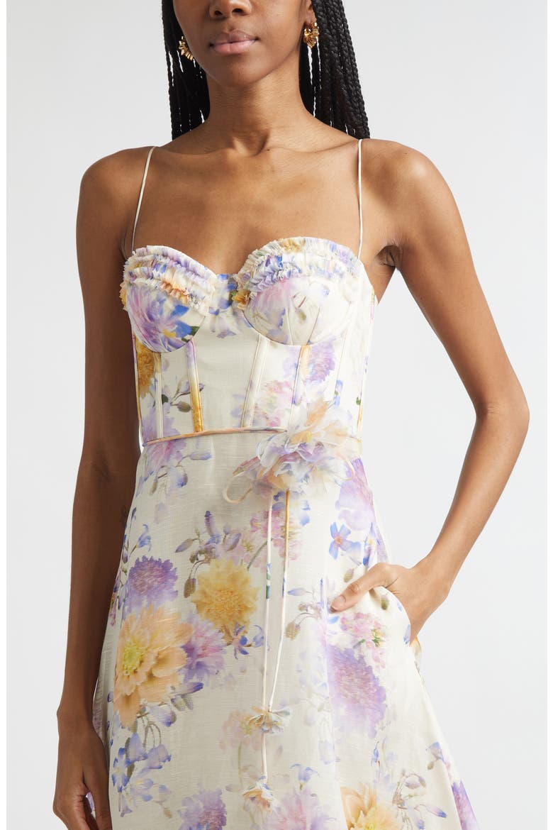 Luna Ruffle Linen & Silk Corset Midi Dress, Alternate, color, CREAM DAHLIA