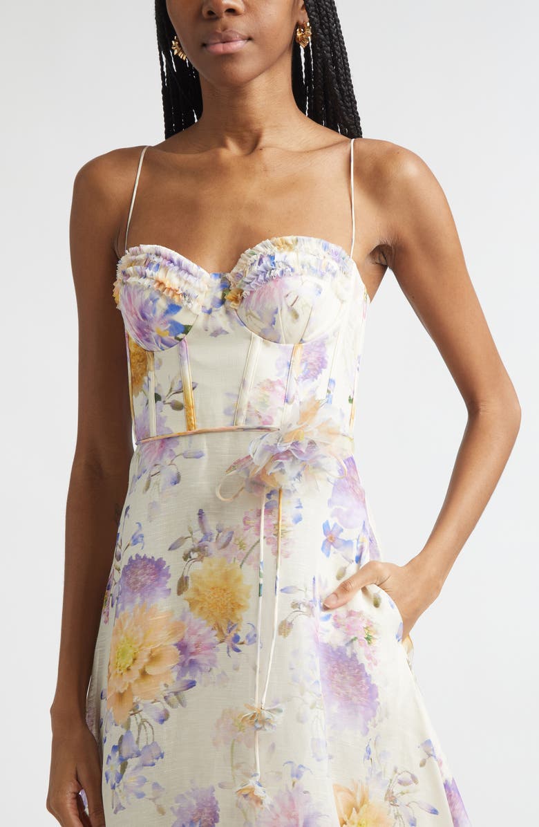 Zimmermann Luna Ruffle Linen & Silk Corset Midi Dress, Alternate, color, Cream Dahlia