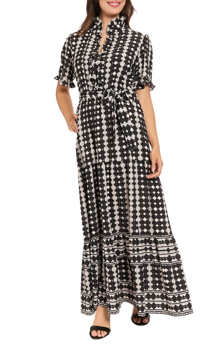 London Times Ruffle Neck Tiered Maxi Dress, Main, color, Black/ Soft White