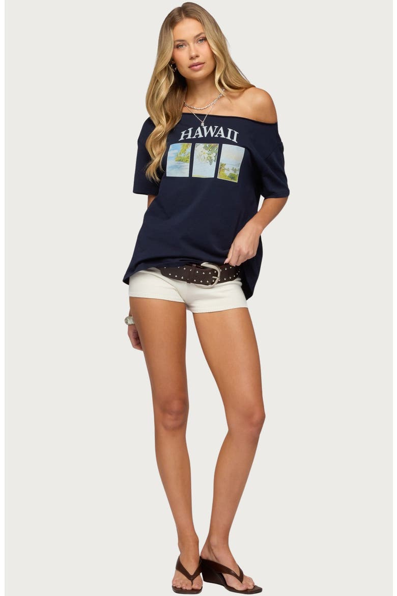 Hawaiian Babe Off the Shoulder Cotton Graphic T-Shirt, Alternate, color, NAVY