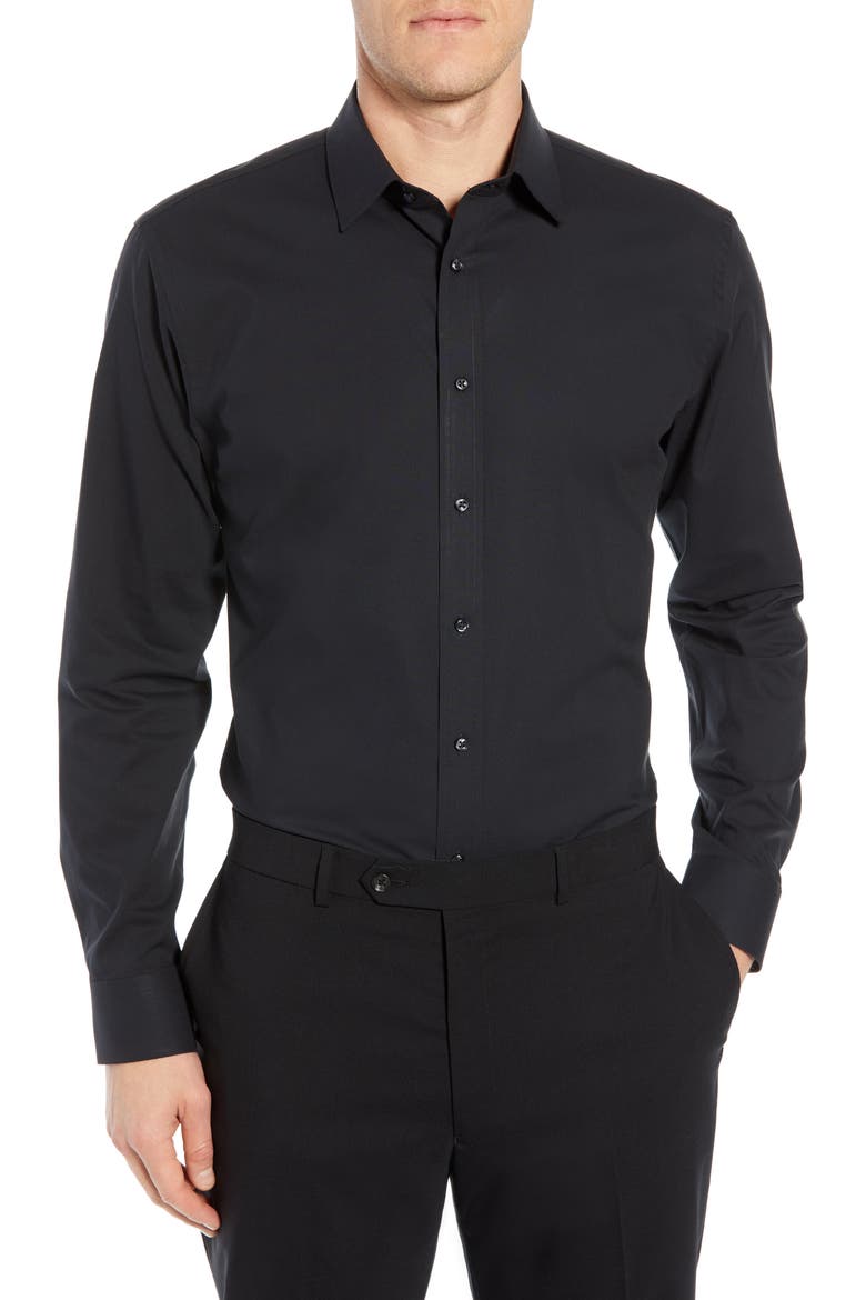 Tech-Smart Trim Fit Stretch Pinpoint Dress Shirt, Main, color, BLACK ROCK