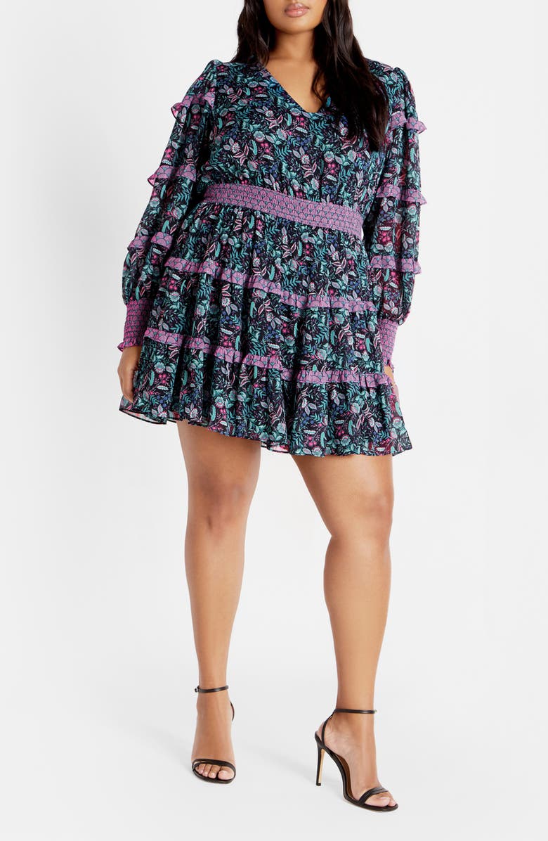 City Chic Iris Metallic Stripe Print Long Sleeve Tiered Dress, Main, color, Purple Floral