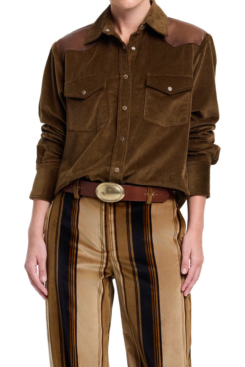 Cowboy Take Me Away Corduroy Shirt with Leather Yoke, Main, color, PINECONE / BISON