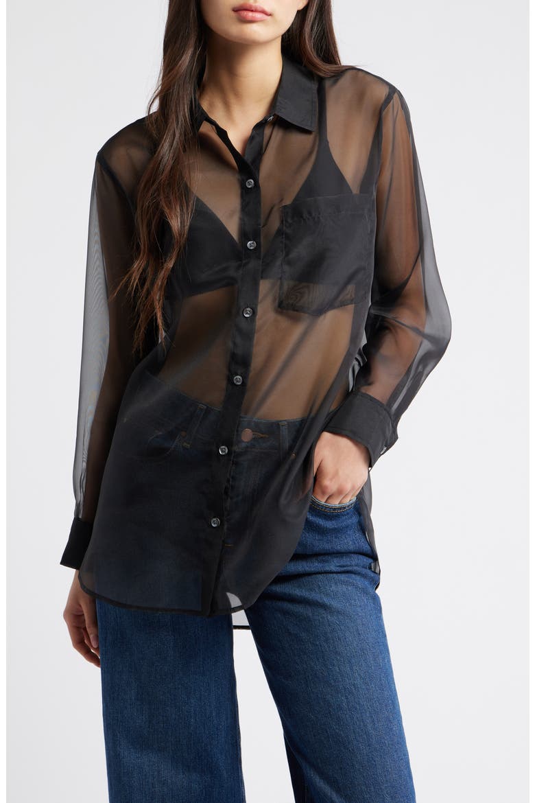 Sofiya Sheer Oversize Button-Up Shirt, Main, color, BLACK