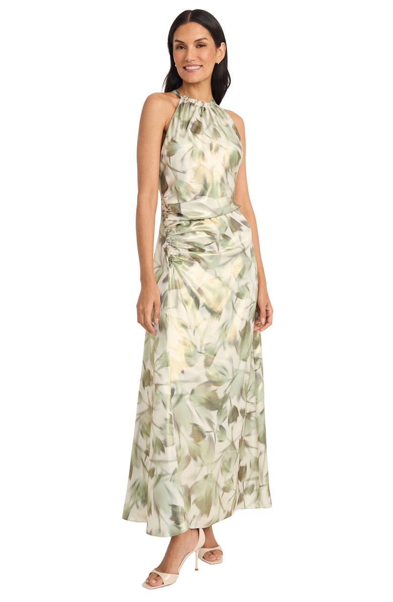 Maggy London Ruched Halter neck Satin Gown, Alternate, color, Ivory/ Green
