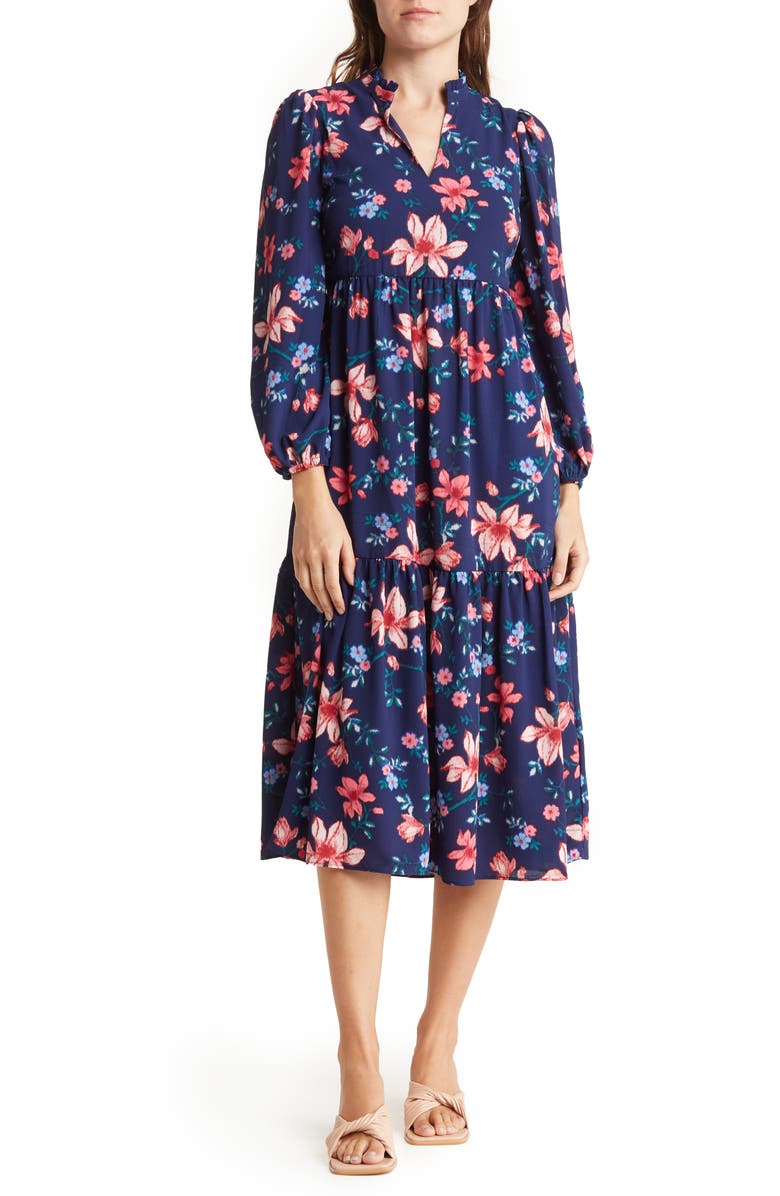 Vince Camuto Floral Long Sleeve Pebble Crepe Dress, Main, color, Navy Multi