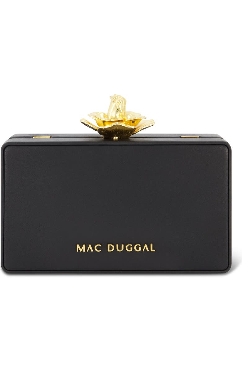 Mac Duggal Nappa Leather Gold Rose Detail Box Clutch Bag, Main, color,