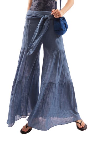 Free People Good Day Tie Waist Wide Leg Pants In Blue