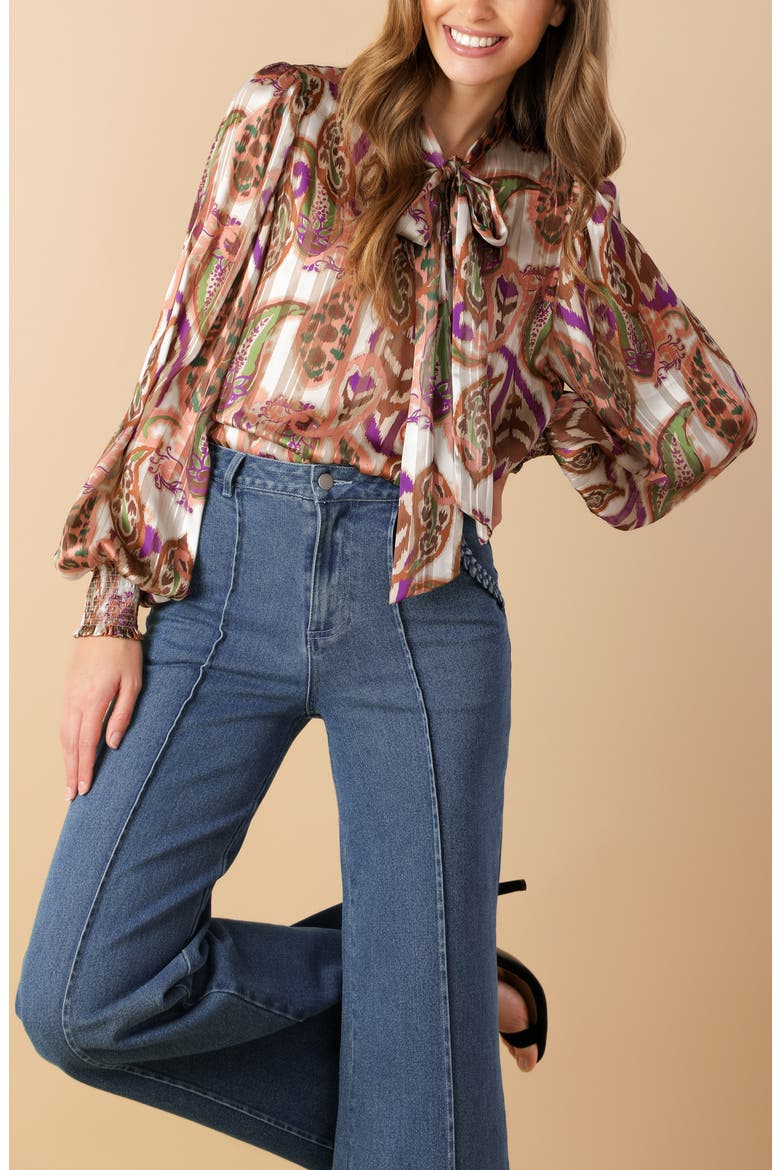 Paisley Tie Neck Long Sleeve Top, Alternate, color, CREAM BROWN
