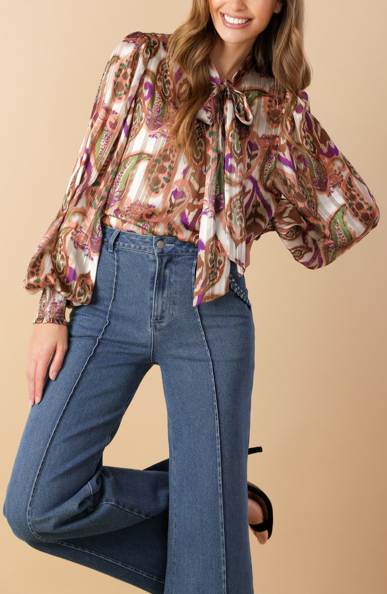 FLYING TOMATO Paisley Tie Neck Long Sleeve Top, Alternate, color, Cream Brown