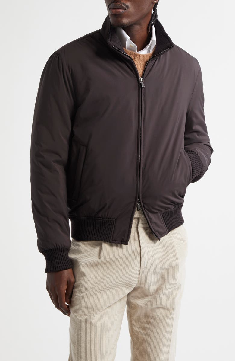 Thom Sweeney Water Resistant Japanese Nylon Bomber Jacket, Main, color, Darkest Brown