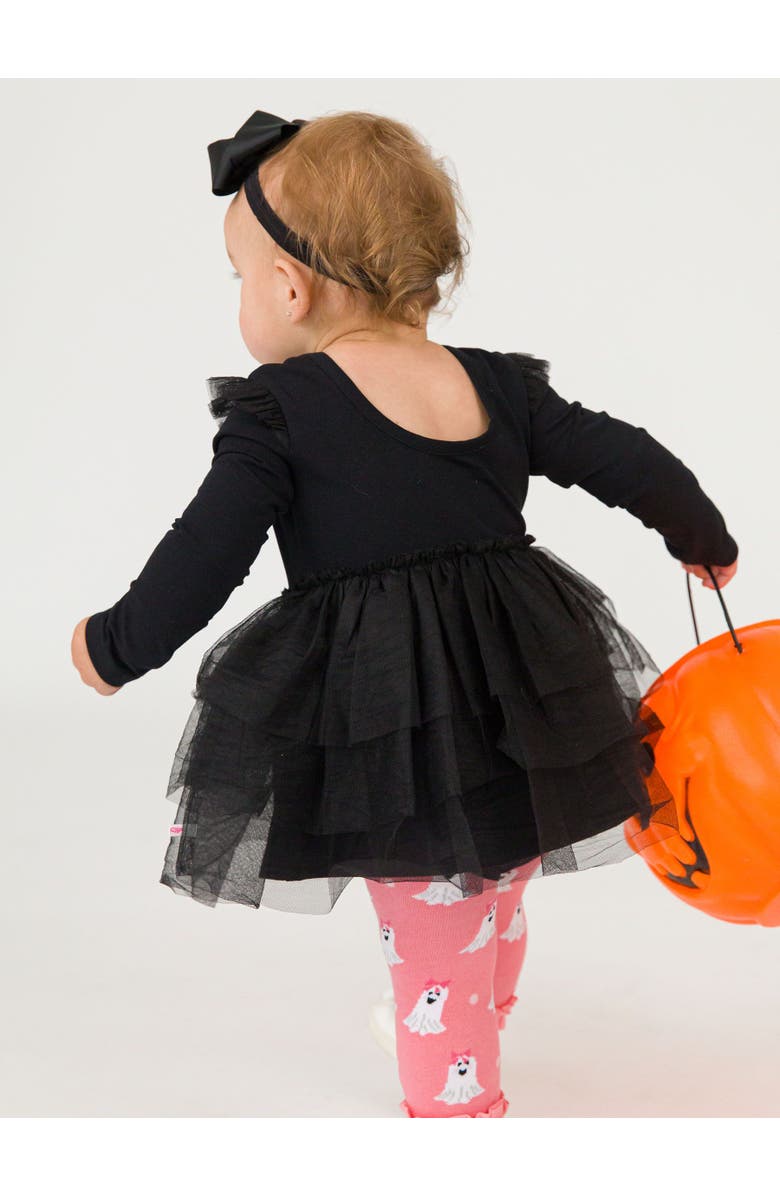 RuffleButts Baby Girls Flutter Tulle Long Sleeve Twirl Romper, Alternate, color, Black
