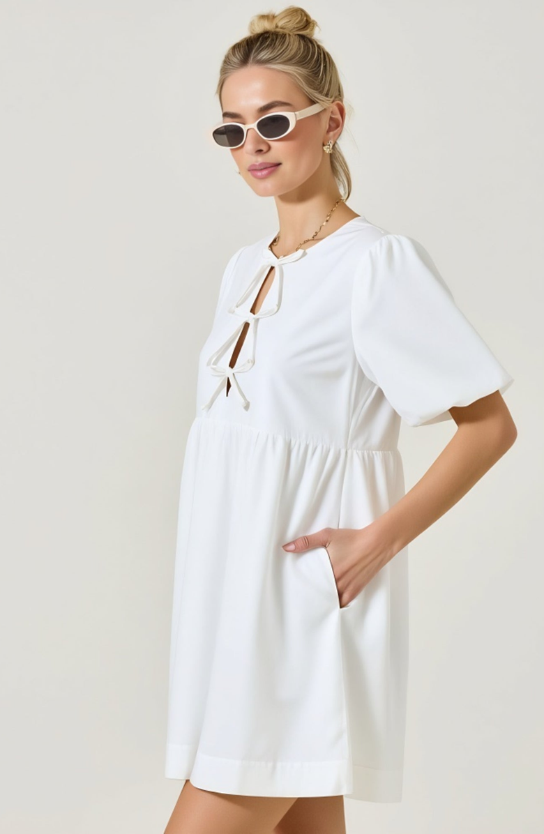 Modenaire Puff Sleeve Mini Dress with Keyhole Front and Bow Tie Detail, Alternate, color, White