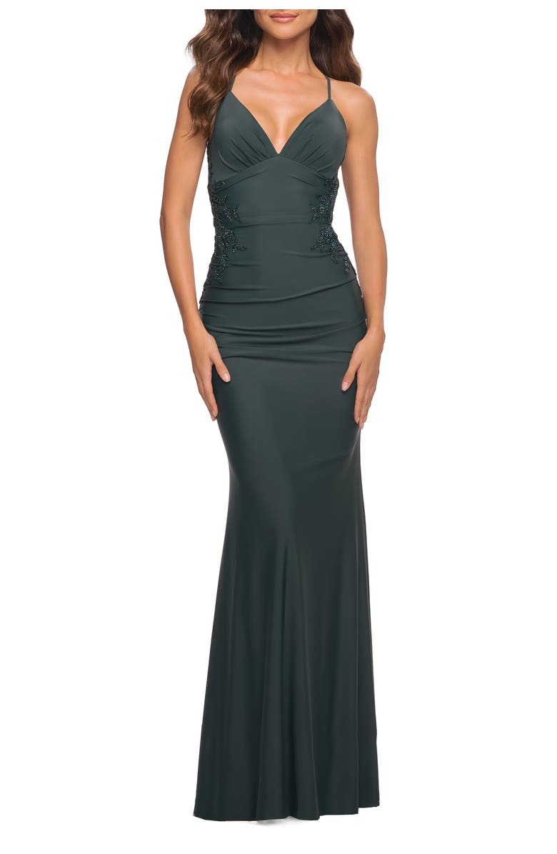 La Femme Prom Dress with Illusion Lace Sides and Ruching, Alternate, color, Dark Emerald