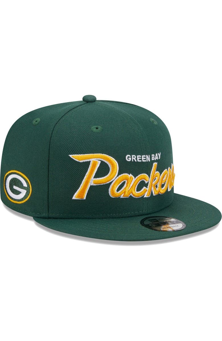 New Era Men's New Era Green Green Bay Packers Main Script 9FIFTY Snapback Hat, Main, color, Green