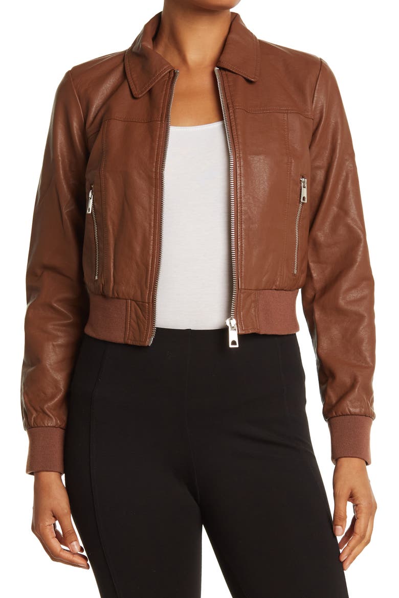 Faux Leather Crop Bomber Jacket, Main, color, LUGGAGE