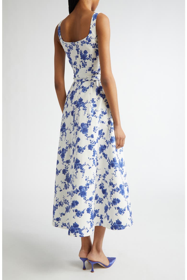 Floral Print Belted Faille Midi Dress, Alternate, color, WHITE MULTI