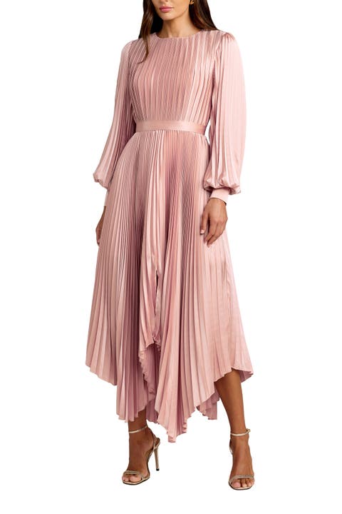 Long Sleeve Pleated Charmeuse Handkerchief Dress