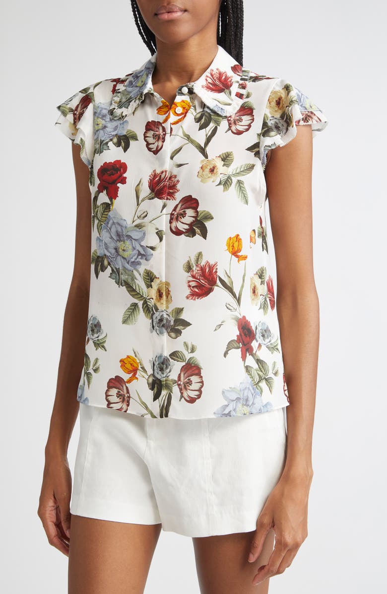 Alice + Olivia Martel Floral Flutter Sleeve Silk Button-Up Top, Alternate, color,